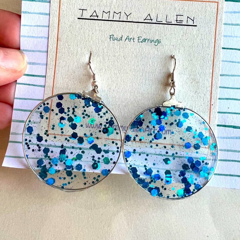 Glittery alcohol ink, resin earrings, clear & blue, one of a kind.
